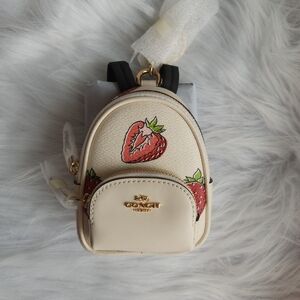Coach Cream Mini Backpack Keychain with Strawberry Print